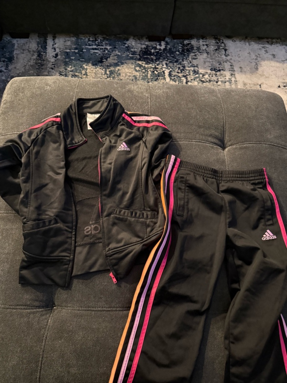 adidas Black Kids Track Jacket & Pants with Pink and Orange Stripes